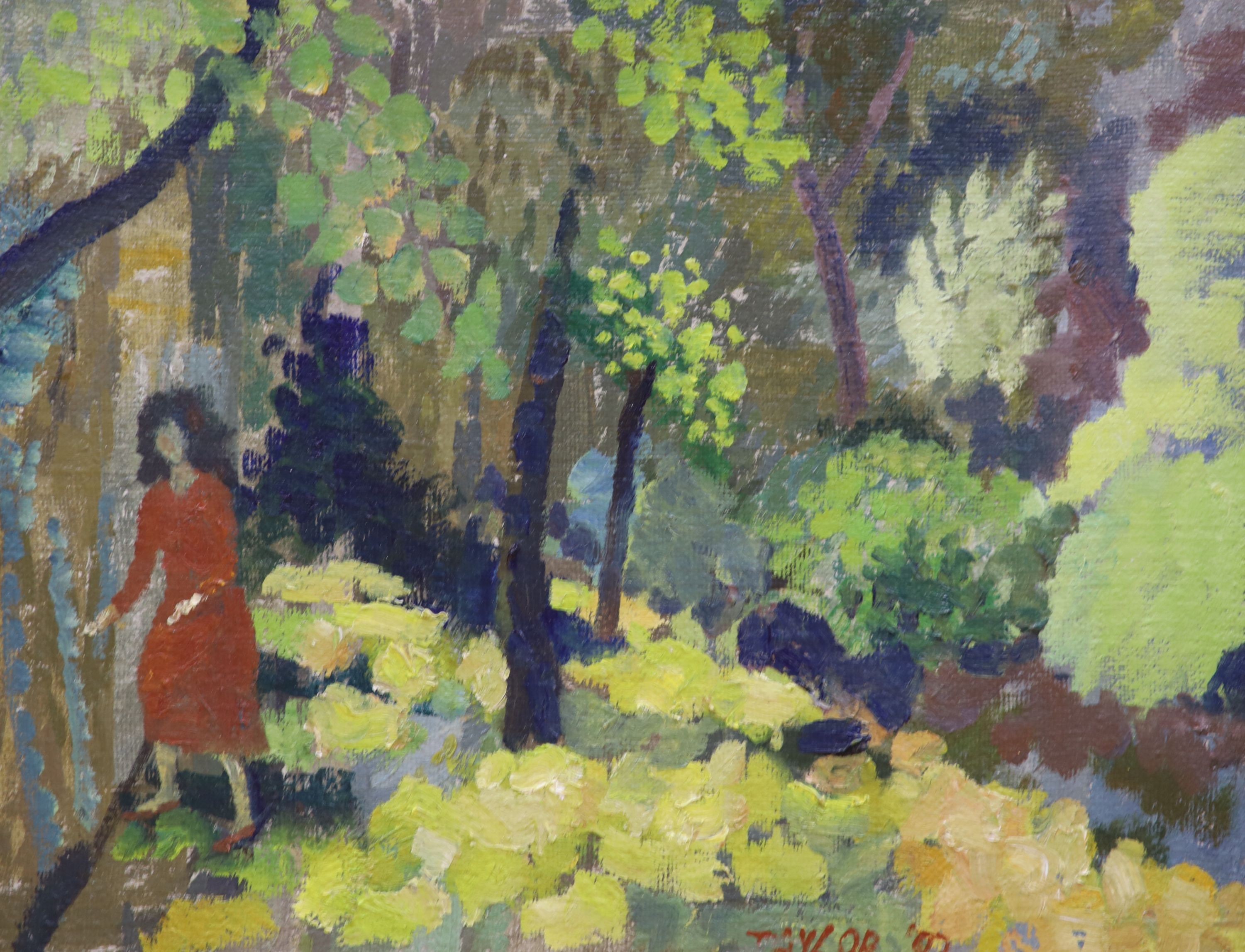 Continental School, oil on card, Impressionistic street scene, indistinctly signed, 49 x 59cm. & W.S.Taylor, oil on board, Garden scene with figure, 35 x 45cm.